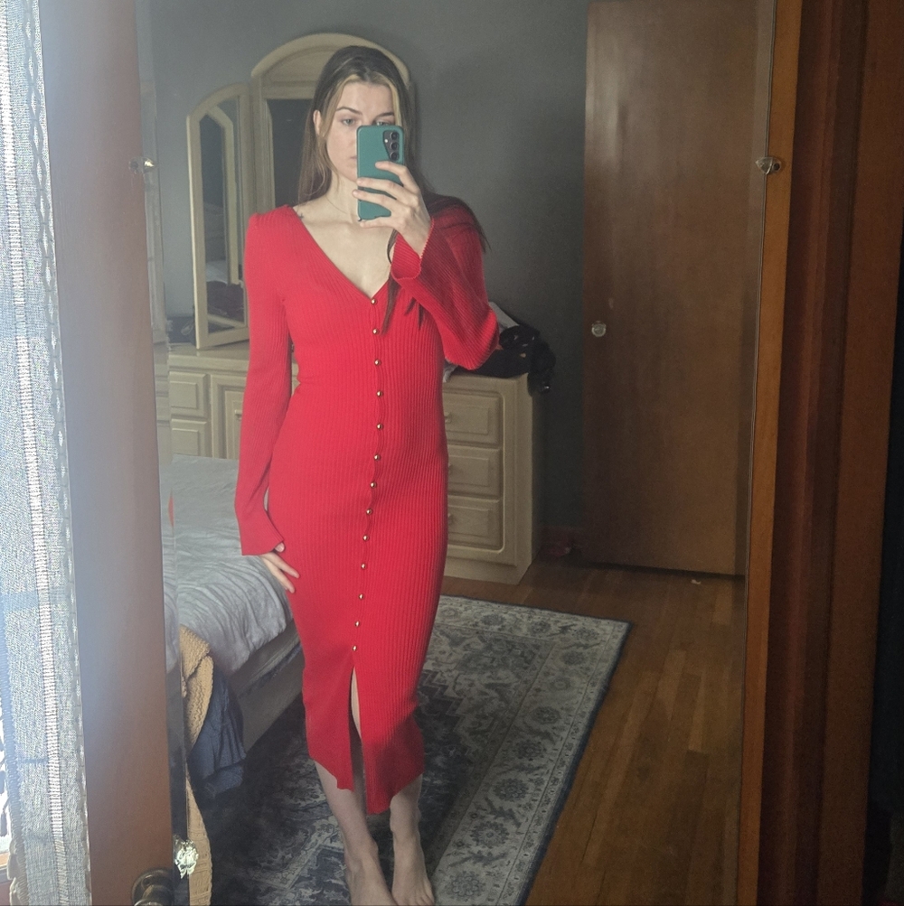 H&M Bell Sleeve Button-Front Red Knit Midi Dress - Picture 3 of 4